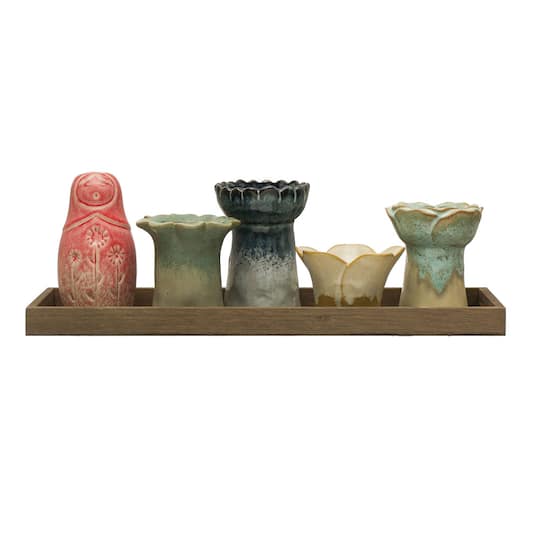Multicolor Eclectic Stoneware Vase &#x26; Votive Holders On Tray Set